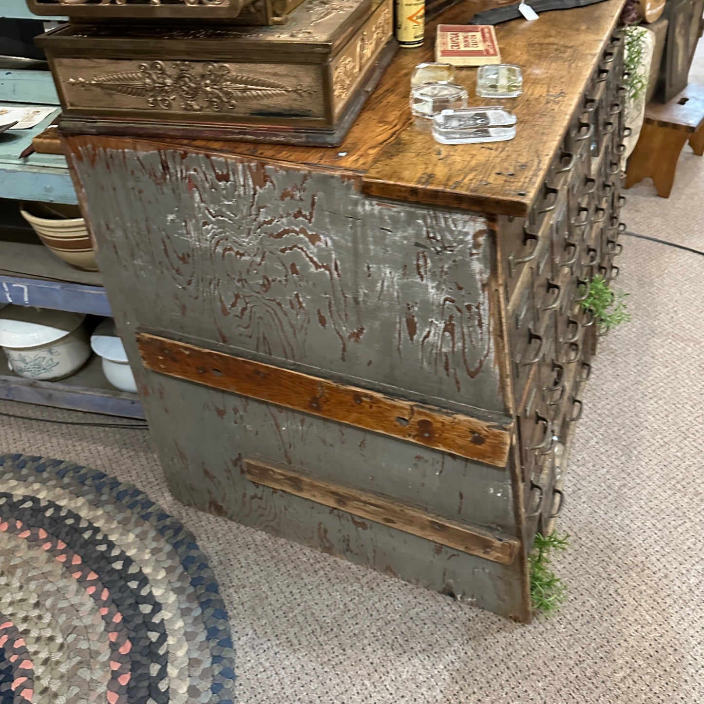 Antique 1900s General Store Mercantile Oak Seed Counter Slanted Drawers