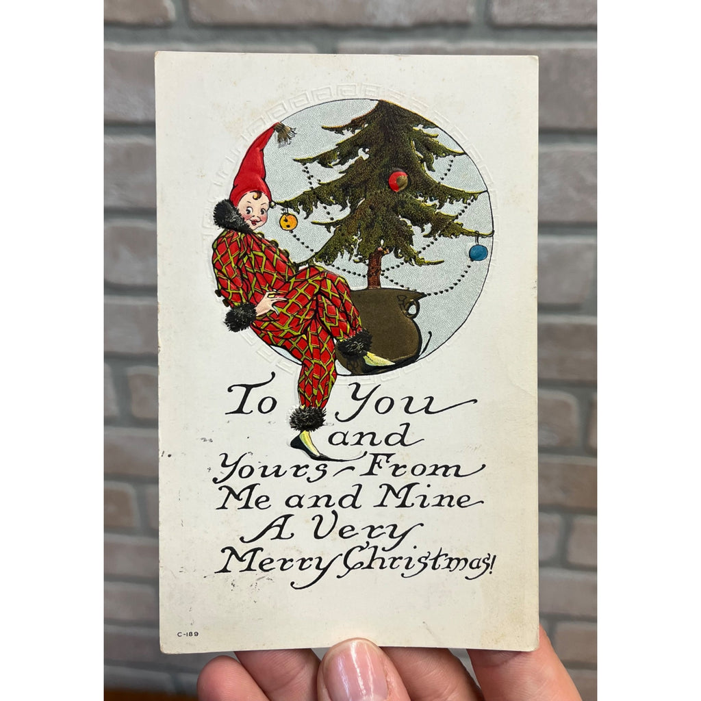 Vintage 1916 Christmas Postcard Art Nouveau Deco Art Elf & Tree Nash C-189