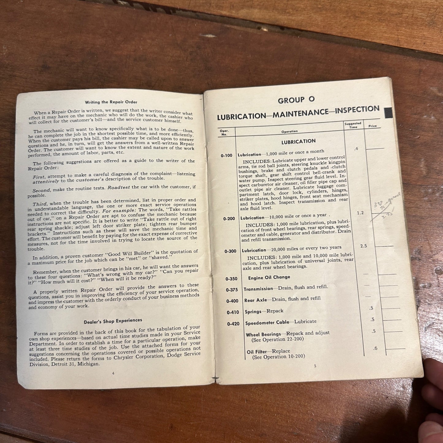 Vintage 1950 Dodge Passenger Car Service Operation Time Schedule Models D-24, D-29, D-30
