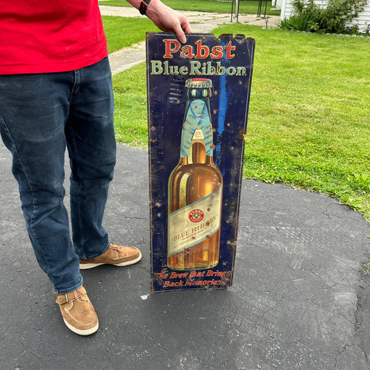 Vintage 1930s Pabst Blue Ribbon Beer Tin Metal Advertising Sign Early Wisconsin
