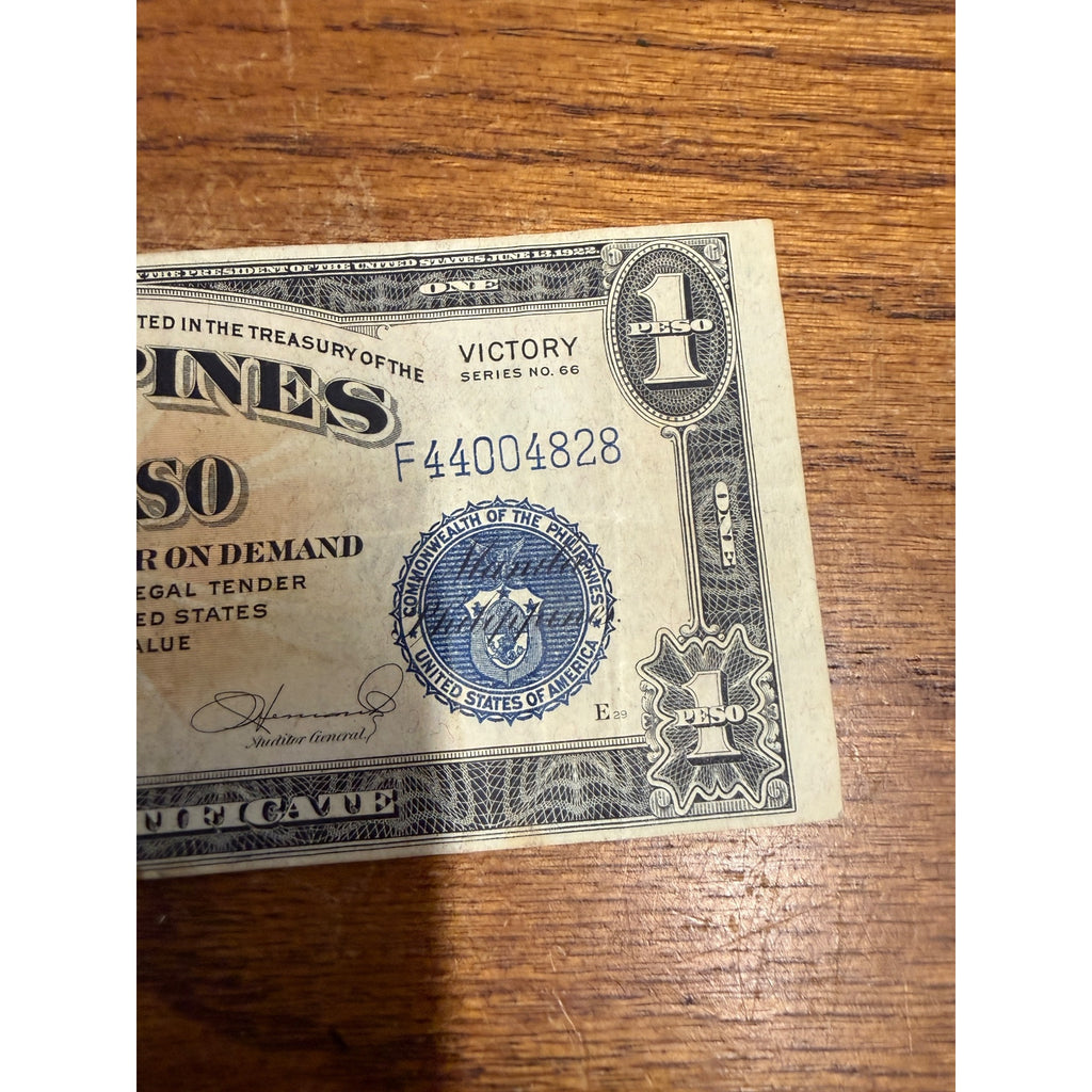 1944 Philippines Victory Series No. 66 One Peso Banknote Circulated