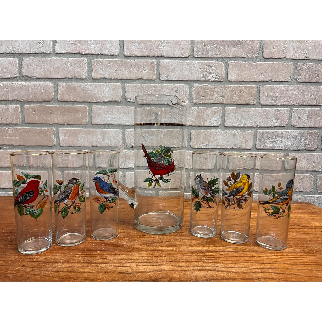 Vintage West Virginia Glass Co. Water Pitcher and Glasses with Song Birds 7pc Set