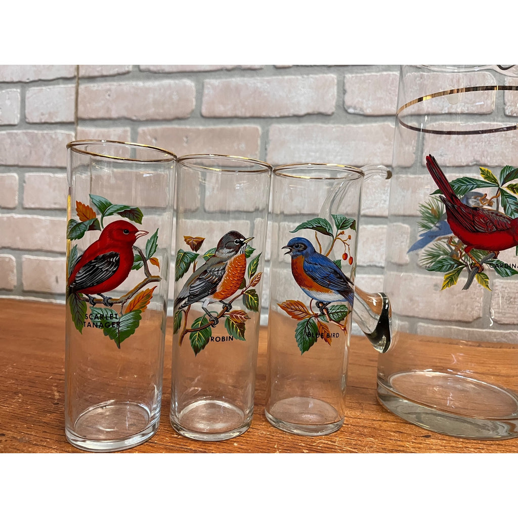 Vintage West Virginia Glass Co. Water Pitcher and Glasses with Song Birds 7pc Set