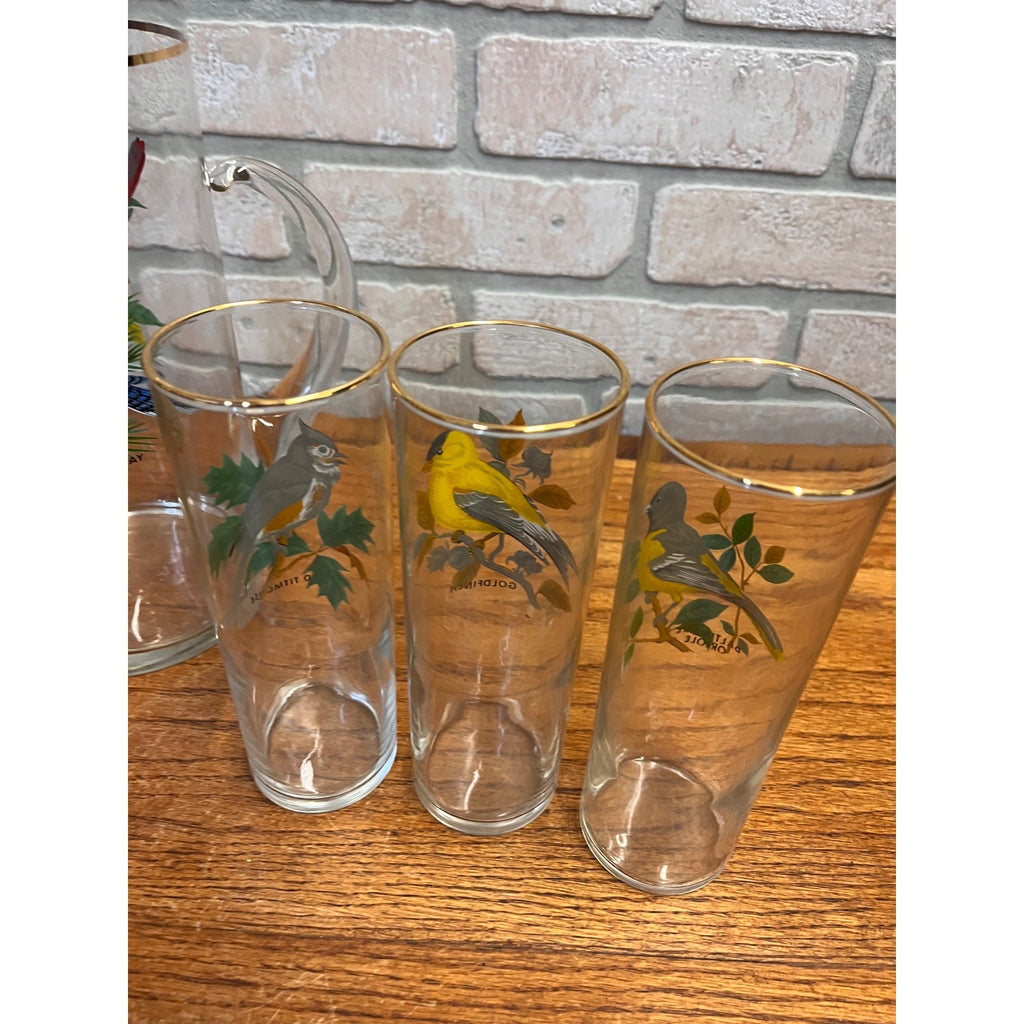 Vintage West Virginia Glass Co. Water Pitcher and Glasses with Song Birds 7pc Set