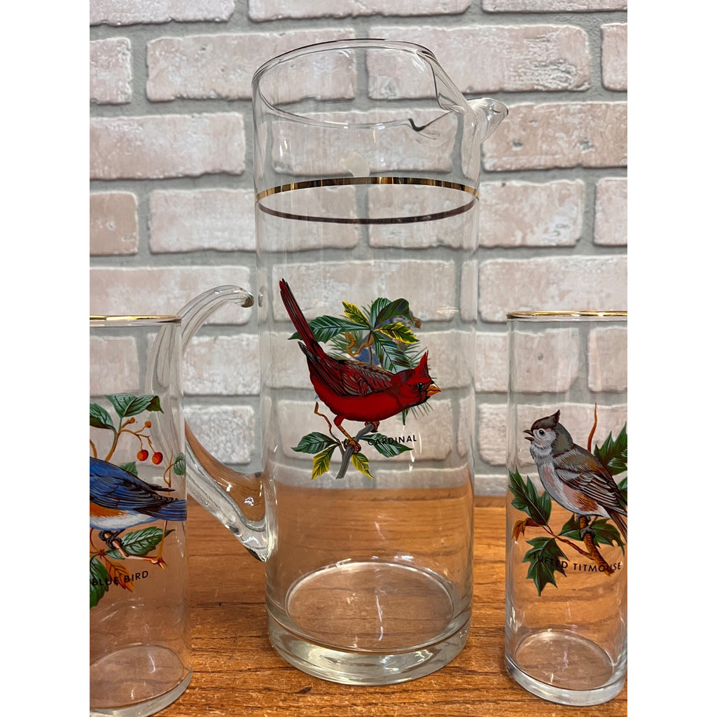 Vintage West Virginia Glass Co. Water Pitcher and Glasses with Song Birds 7pc Set