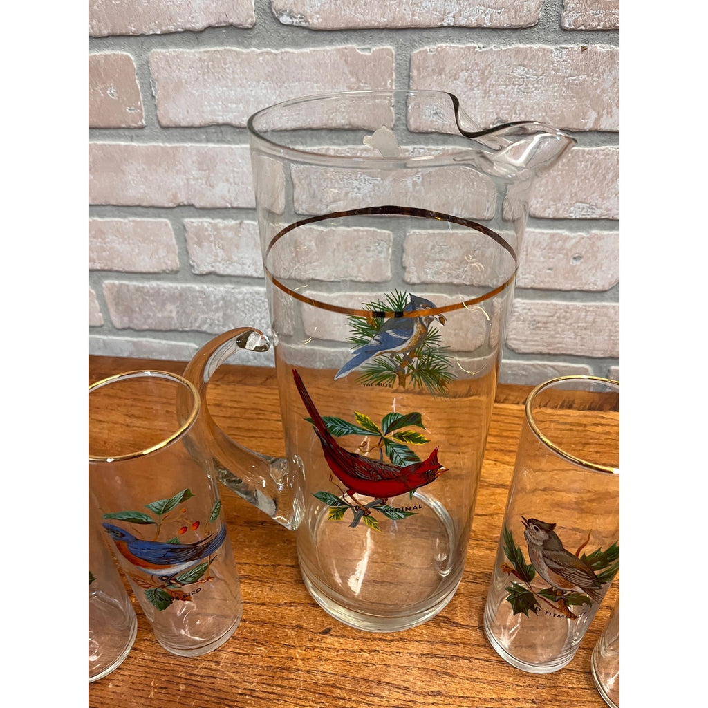 Vintage West Virginia Glass Co. Water Pitcher and Glasses with Song Birds 7pc Set