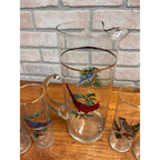 Vintage West Virginia Glass Co. Water Pitcher and Glasses with Song Birds 7pc Set