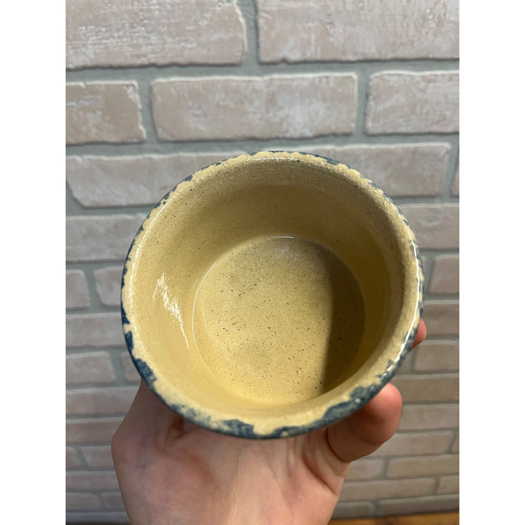 Vintage Robinson Ransbottom Pottery Small Stoneware Crock Dish Blue Sponge Pattern Roseville Ohio