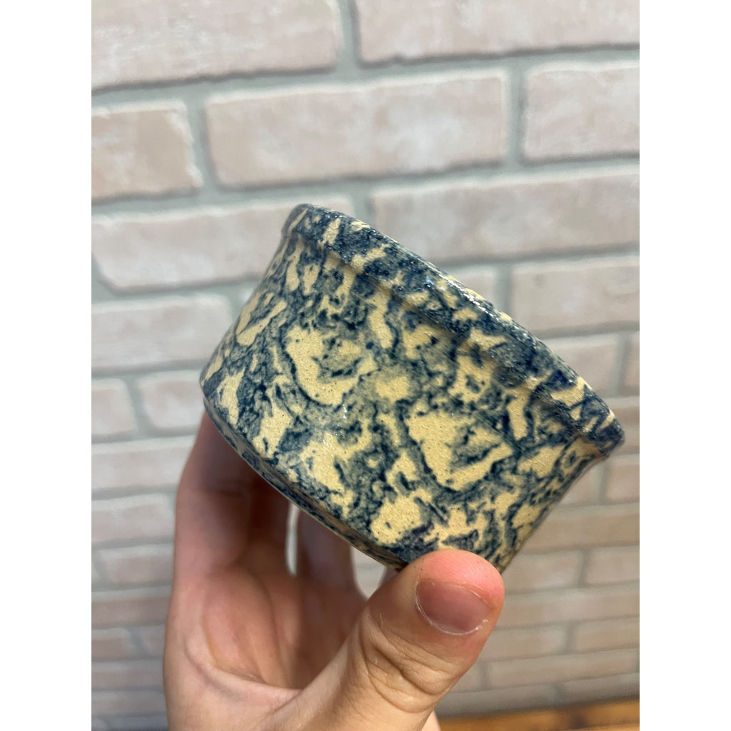 Vintage Robinson Ransbottom Pottery Small Stoneware Crock Dish Blue Sponge Pattern Roseville Ohio