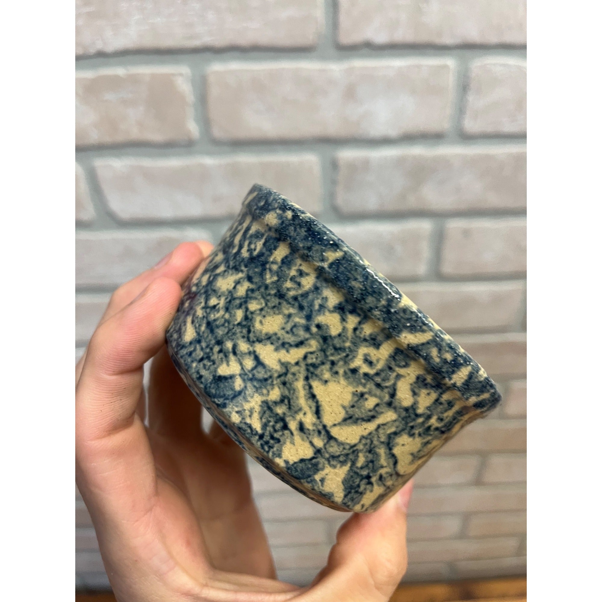 Vintage Robinson Ransbottom Pottery Small Stoneware Crock Dish Blue Sponge Pattern Roseville Ohio