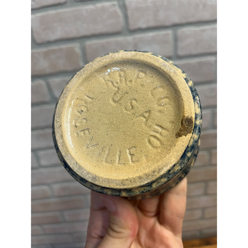 Vintage Robinson Ransbottom Pottery Small Stoneware Crock Dish Blue Sponge Pattern Roseville Ohio