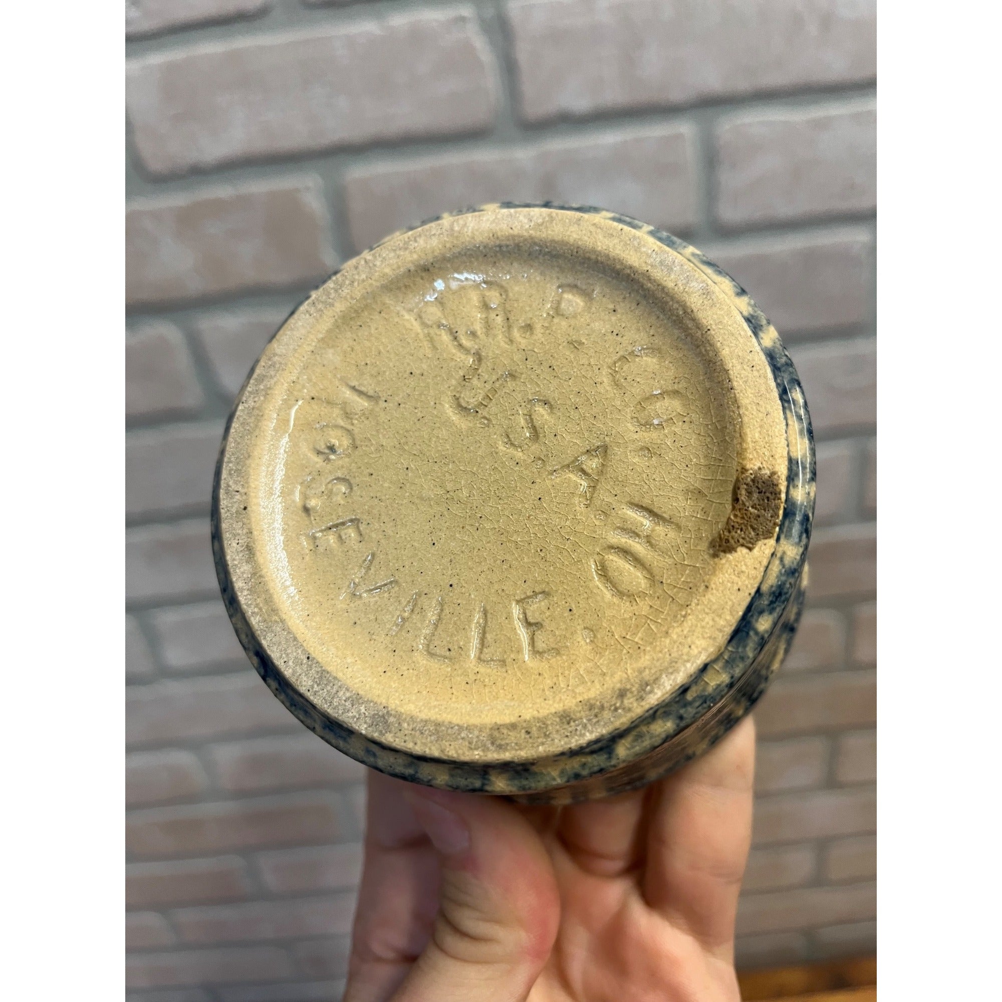 Vintage Robinson Ransbottom Pottery Small Stoneware Crock Dish Blue Sponge Pattern Roseville Ohio