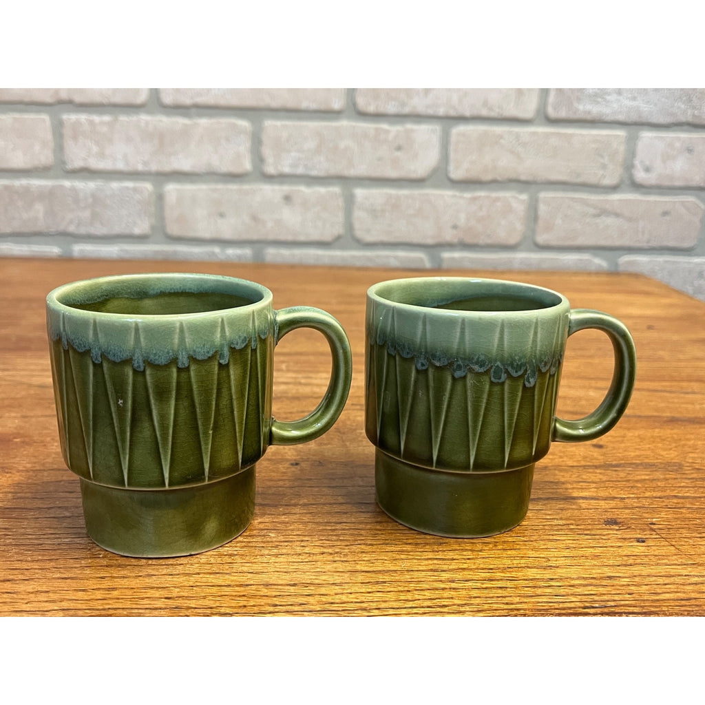 Vintage MCM Stackable Dark Green Drip Glaze Ceramic Coffee Cups Mugs Japan Pair