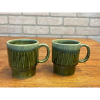 Vintage MCM Stackable Dark Green Drip Glaze Ceramic Coffee Cups Mugs Japan Pair