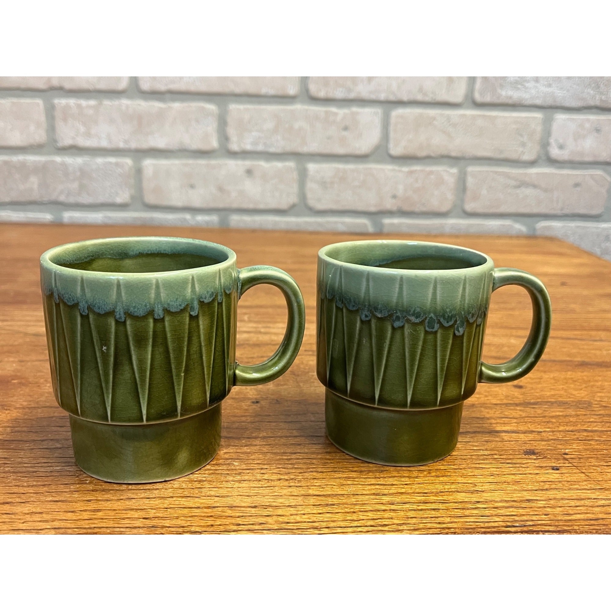 Vintage MCM Stackable Dark Green Drip Glaze Ceramic Coffee Cups Mugs Japan Pair