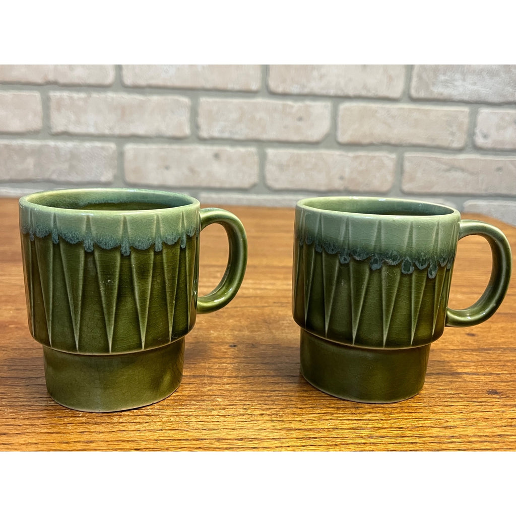 Vintage MCM Stackable Dark Green Drip Glaze Ceramic Coffee Cups Mugs Japan Pair