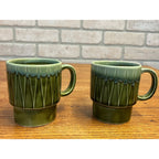 Vintage MCM Stackable Dark Green Drip Glaze Ceramic Coffee Cups Mugs Japan Pair