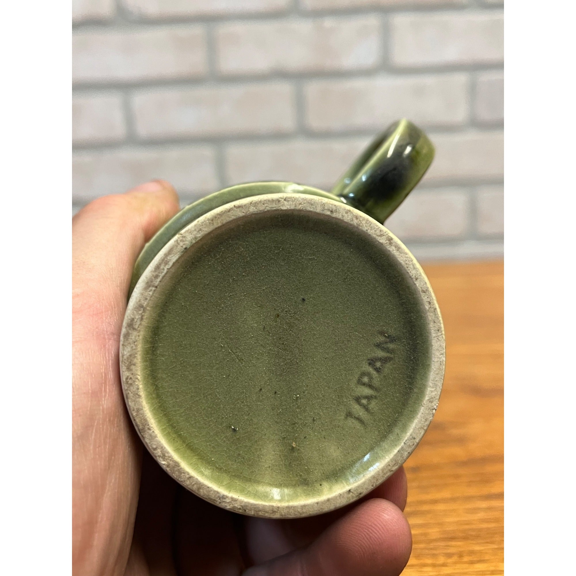 Vintage MCM Stackable Dark Green Drip Glaze Ceramic Coffee Cups Mugs Japan Pair