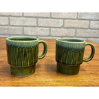Vintage MCM Stackable Dark Green Drip Glaze Ceramic Coffee Cups Mugs Japan Pair