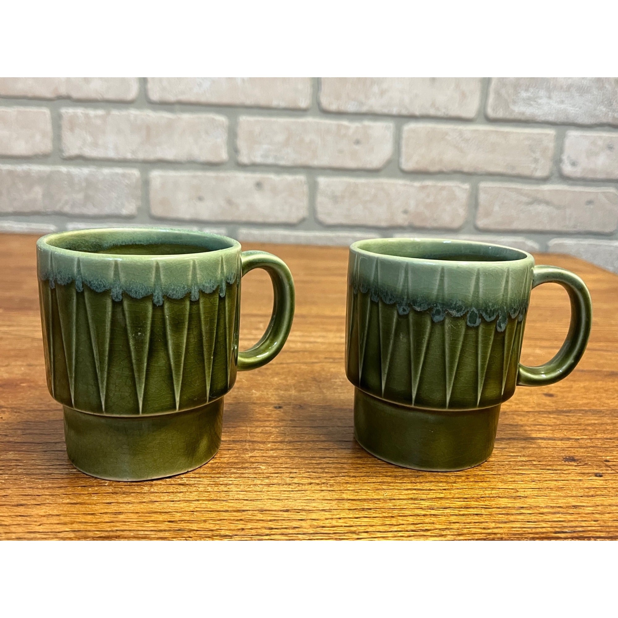 Vintage MCM Stackable Dark Green Drip Glaze Ceramic Coffee Cups Mugs Japan Pair