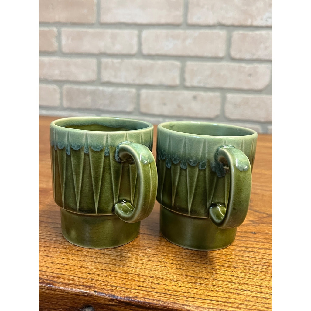 Vintage MCM Stackable Dark Green Drip Glaze Ceramic Coffee Cups Mugs Japan Pair