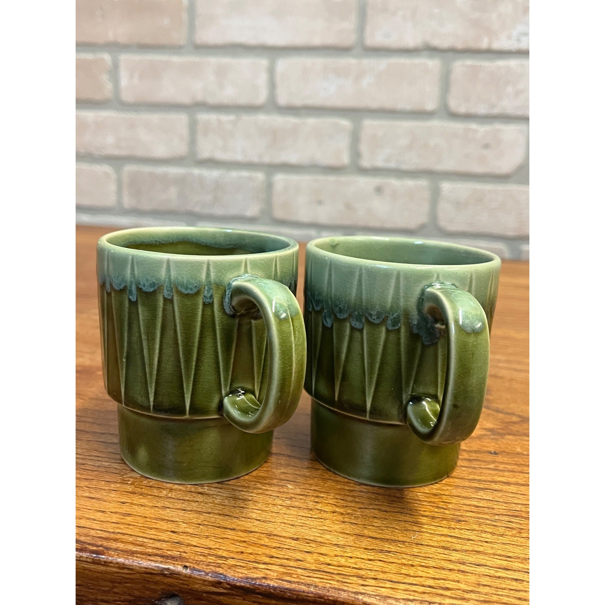 Vintage MCM Stackable Dark Green Drip Glaze Ceramic Coffee Cups Mugs Japan Pair