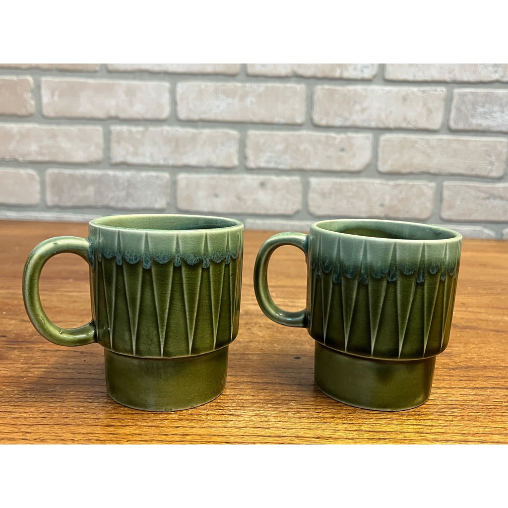Vintage MCM Stackable Dark Green Drip Glaze Ceramic Coffee Cups Mugs Japan Pair