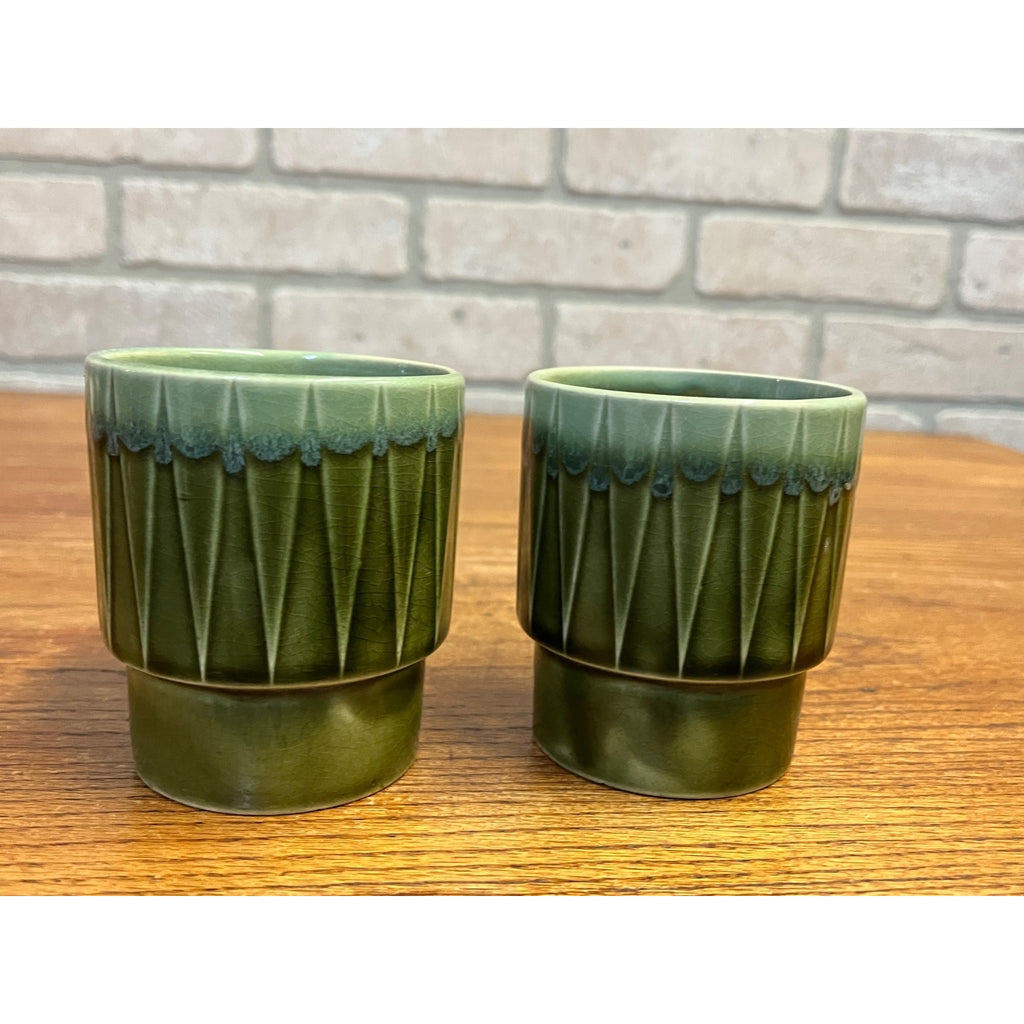 Vintage MCM Stackable Dark Green Drip Glaze Ceramic Coffee Cups Mugs Japan Pair