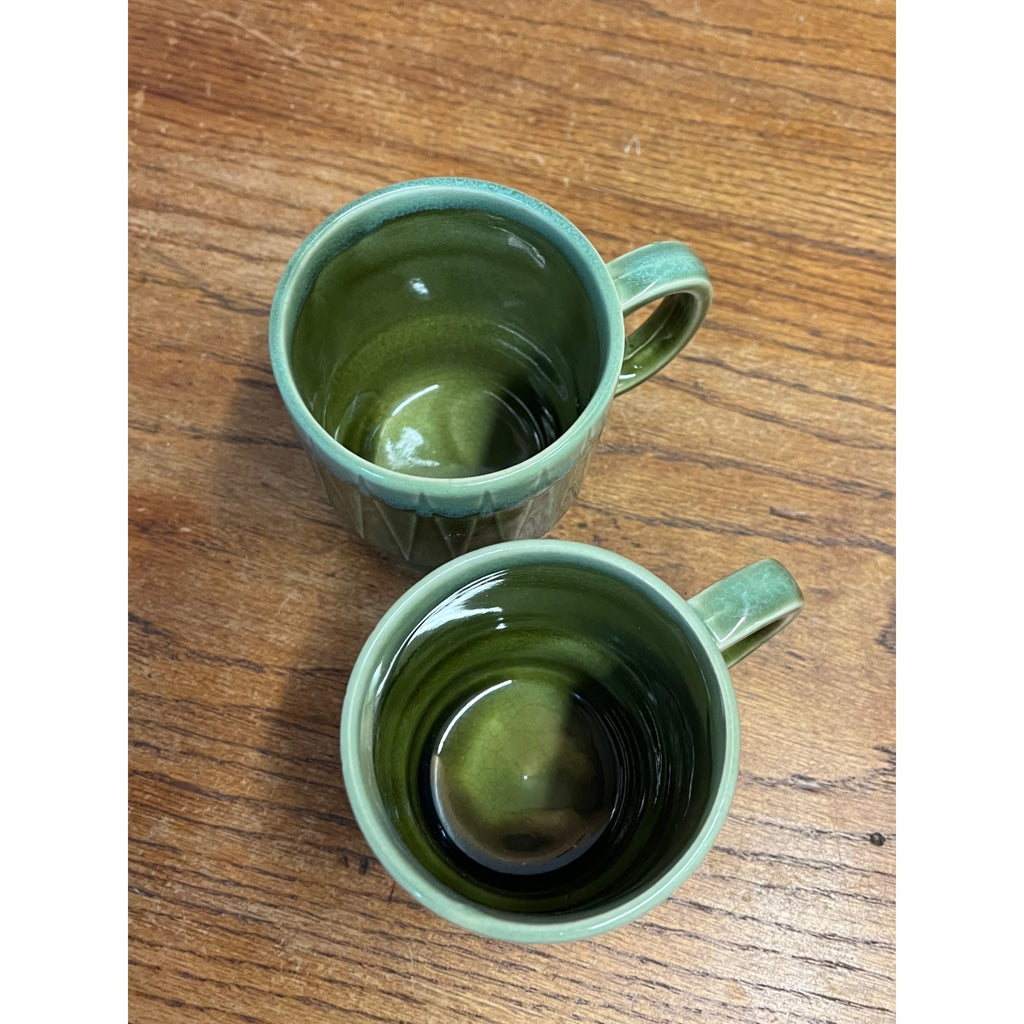 Vintage MCM Stackable Dark Green Drip Glaze Ceramic Coffee Cups Mugs Japan Pair