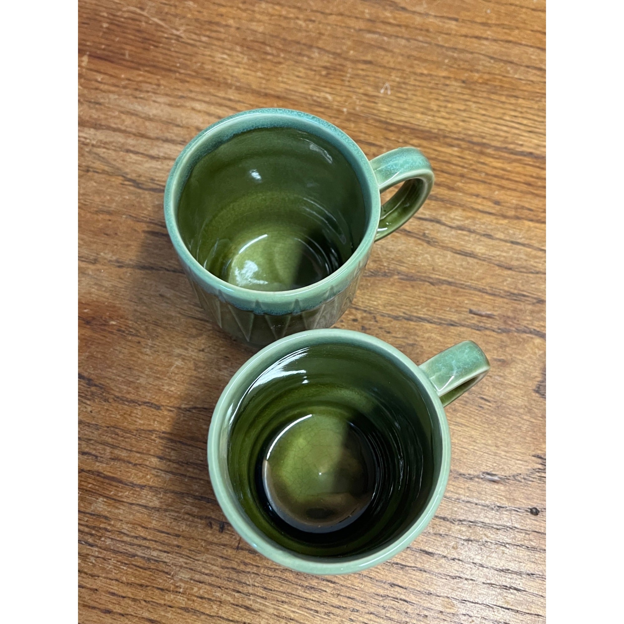 Vintage MCM Stackable Dark Green Drip Glaze Ceramic Coffee Cups Mugs Japan Pair
