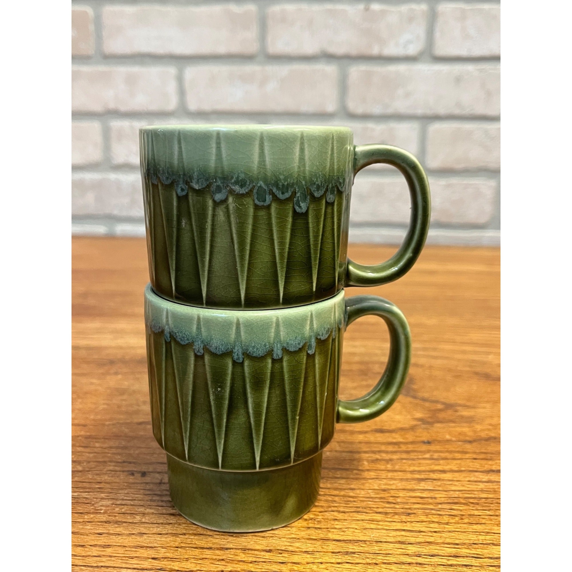 Vintage MCM Stackable Dark Green Drip Glaze Ceramic Coffee Cups Mugs Japan Pair