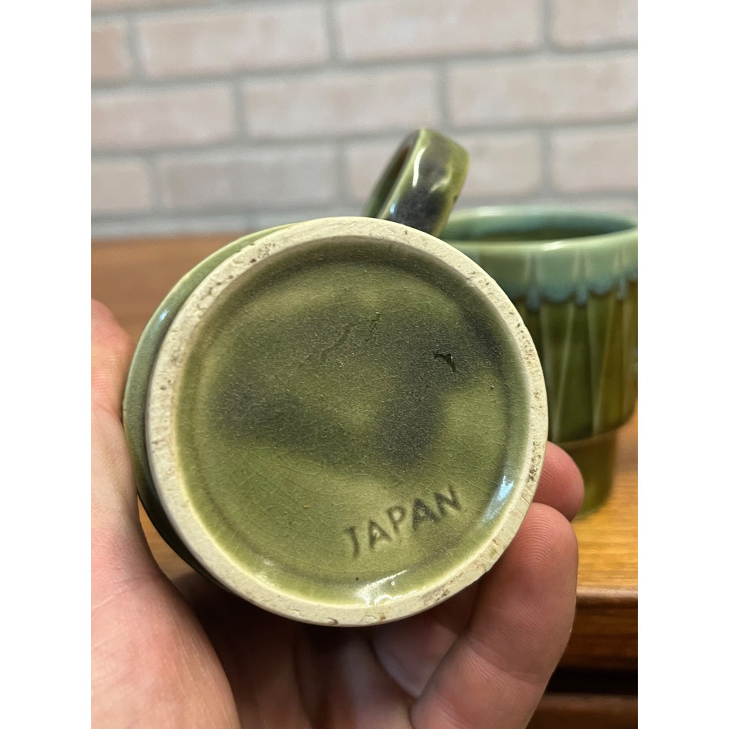 Vintage MCM Stackable Dark Green Drip Glaze Ceramic Coffee Cups Mugs Japan Pair
