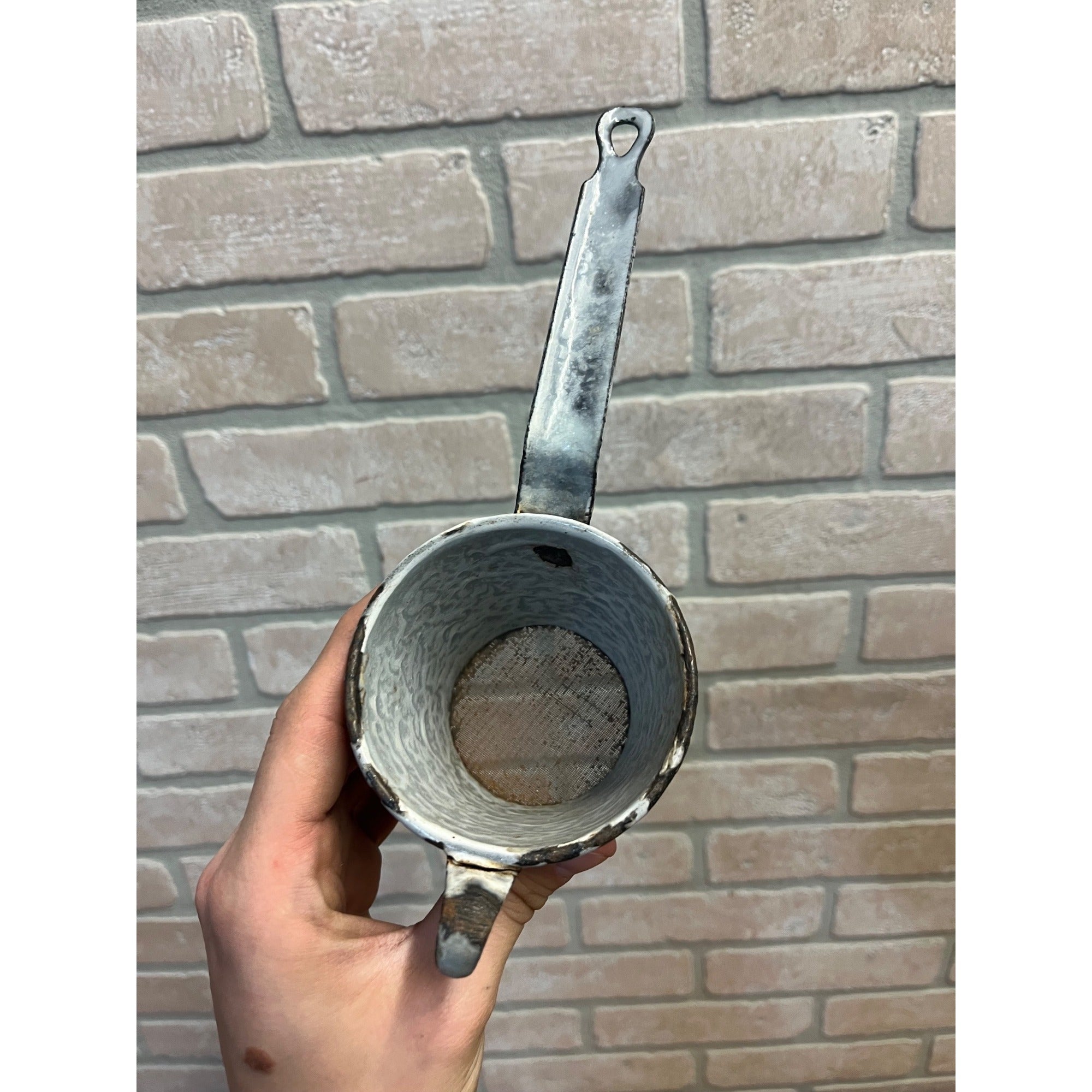Antique Primitive Grey Graniteware Enamelware Handled Strainer Mesh Screen Farmhouse Kitchen Decor