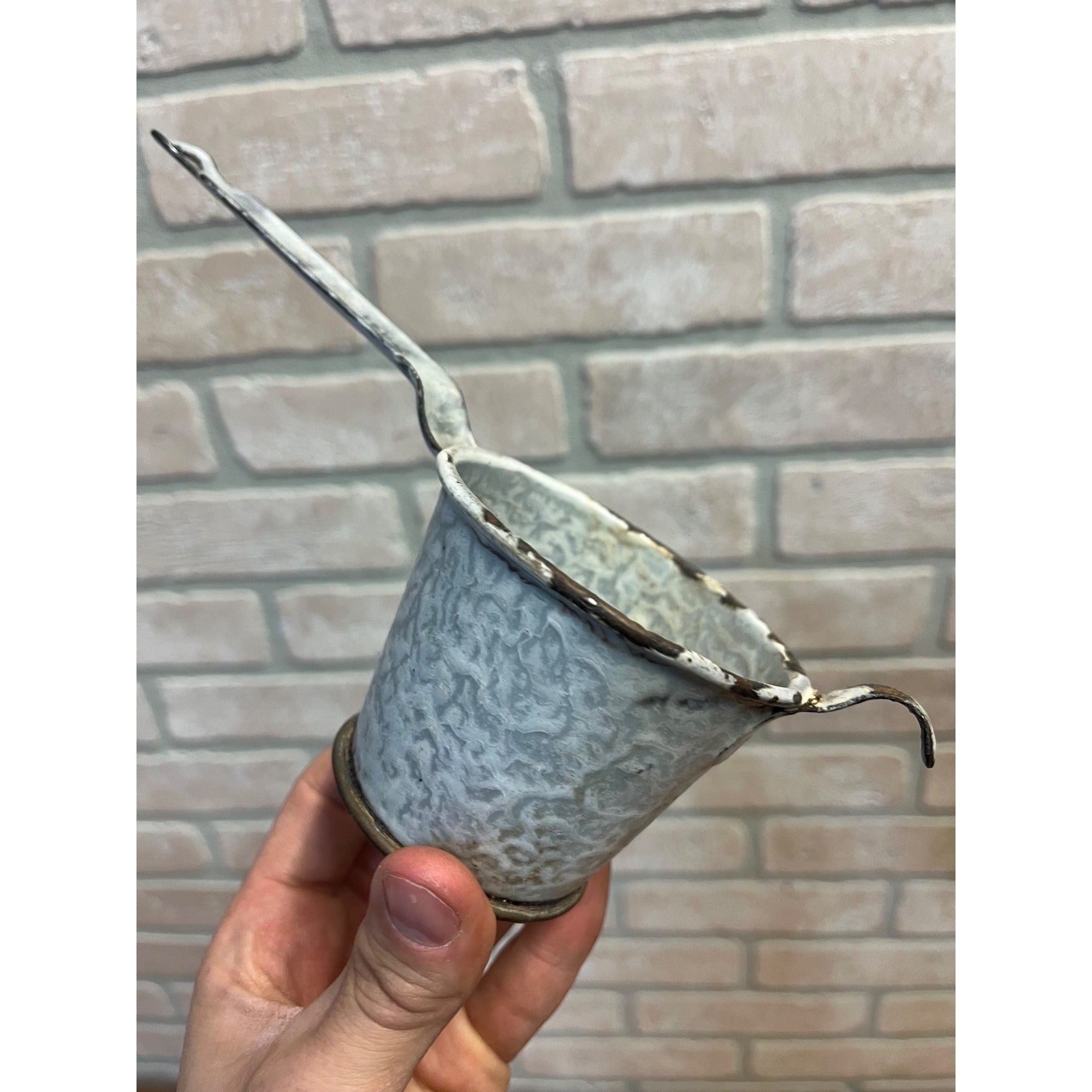 Antique Primitive Grey Graniteware Enamelware Handled Strainer Mesh Screen Farmhouse Kitchen Decor
