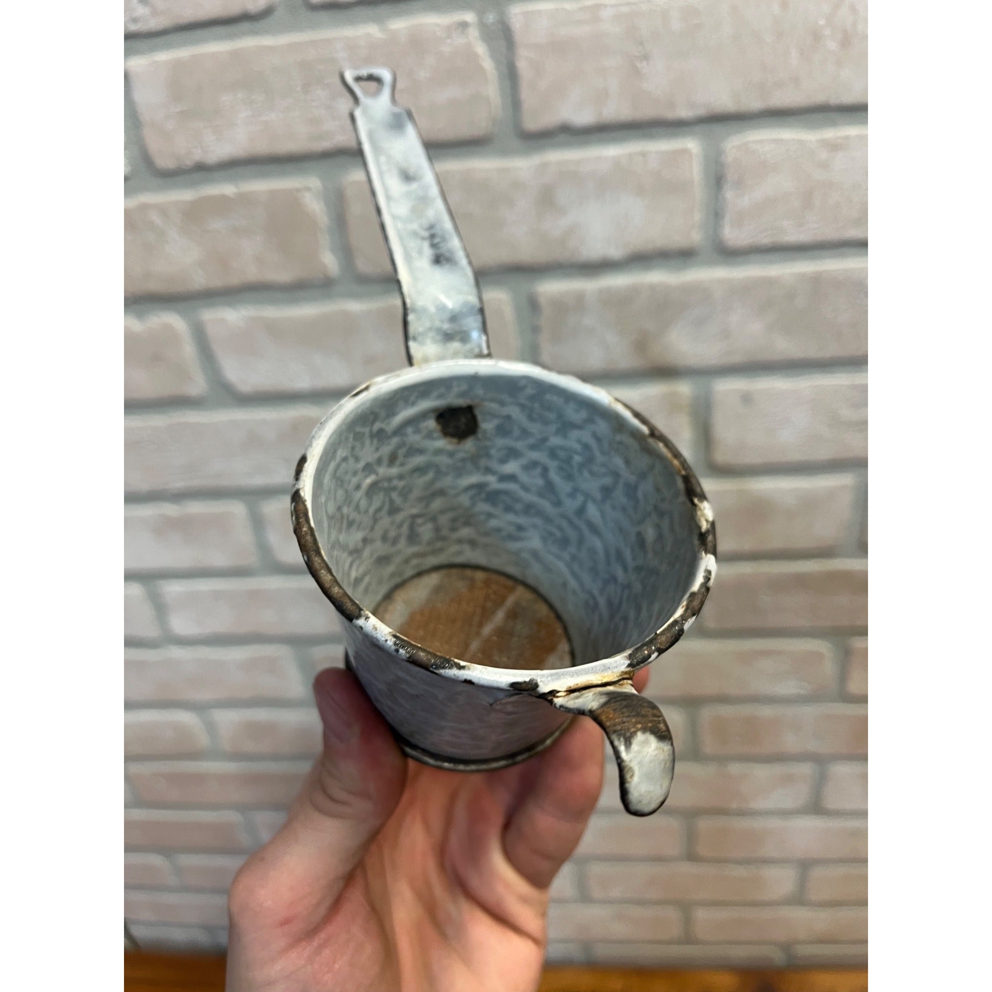 Antique Primitive Grey Graniteware Enamelware Handled Strainer Mesh Screen Farmhouse Kitchen Decor