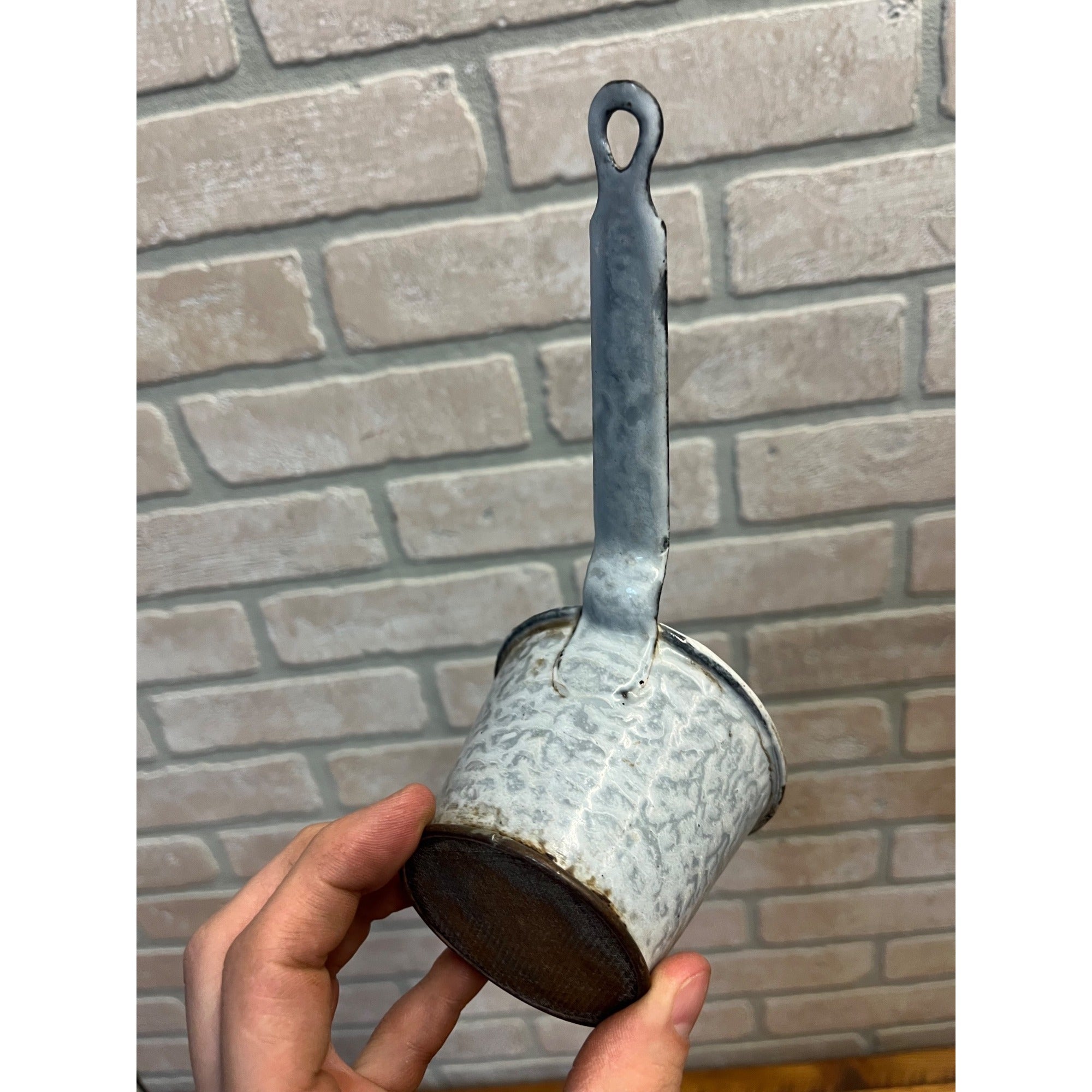 Antique Primitive Grey Graniteware Enamelware Handled Strainer Mesh Screen Farmhouse Kitchen Decor