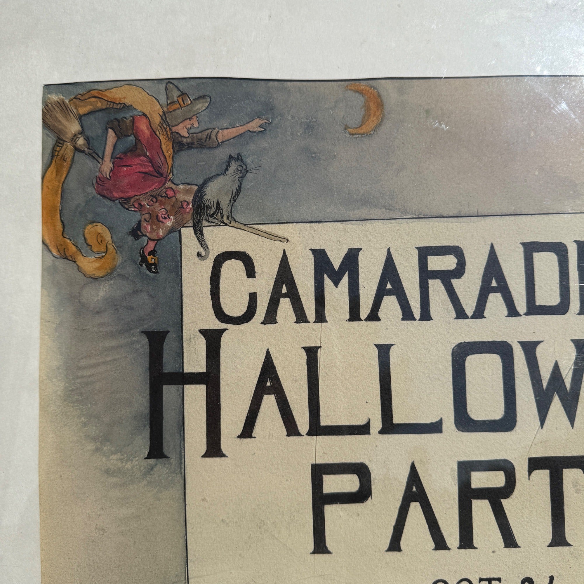 Original 1930s Halloween Party Poster Artist Signed Antique Watercoloring Artwork