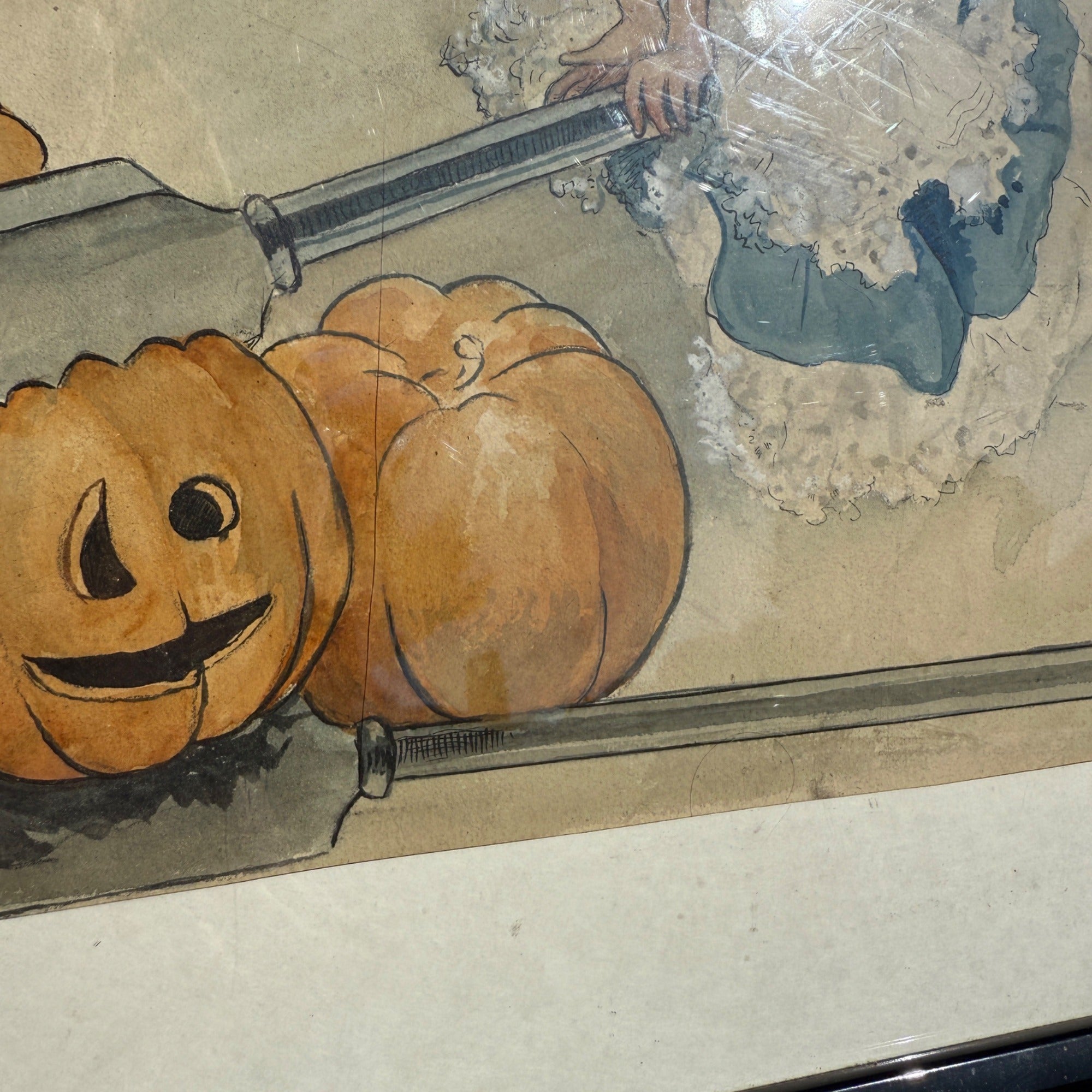 Original 1930s Halloween Party Poster Artist Signed Antique Watercoloring Artwork