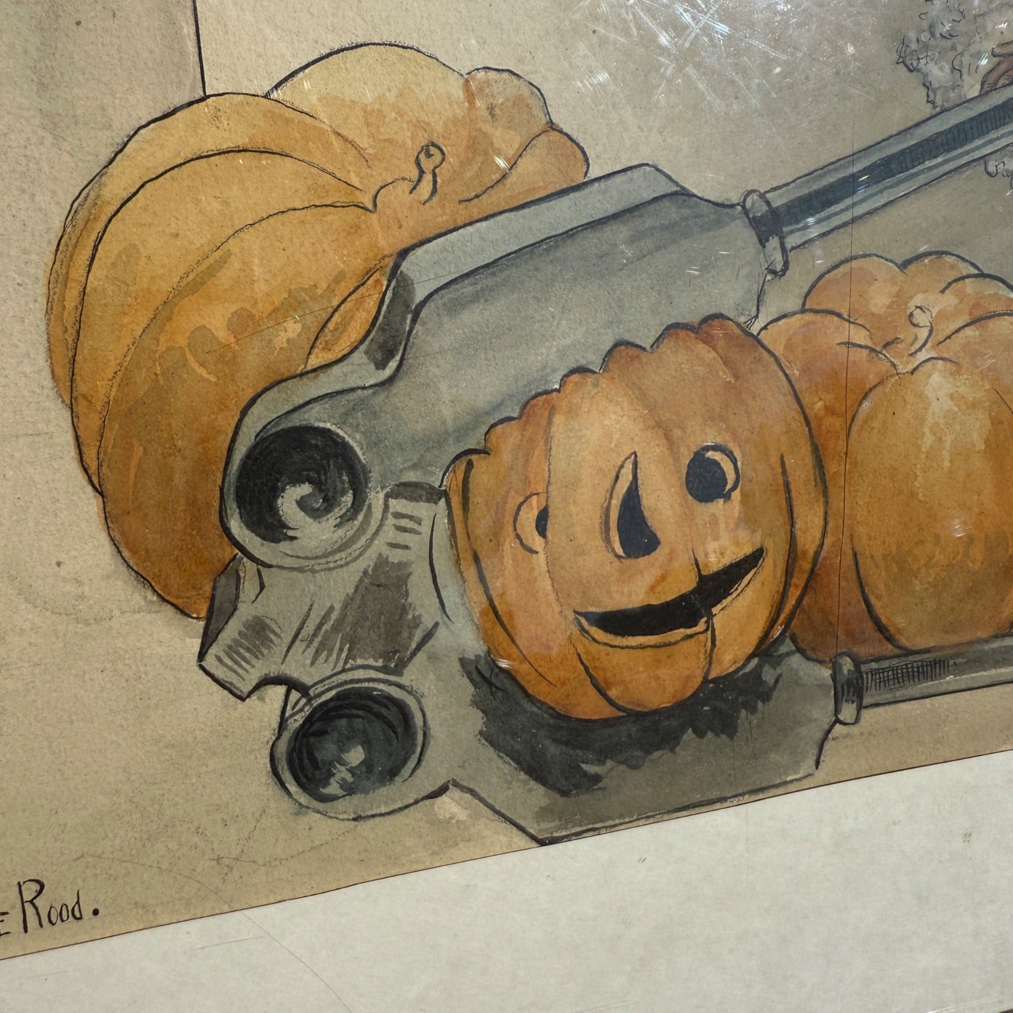 Original 1930s Halloween Party Poster Artist Signed Antique Watercoloring Artwork