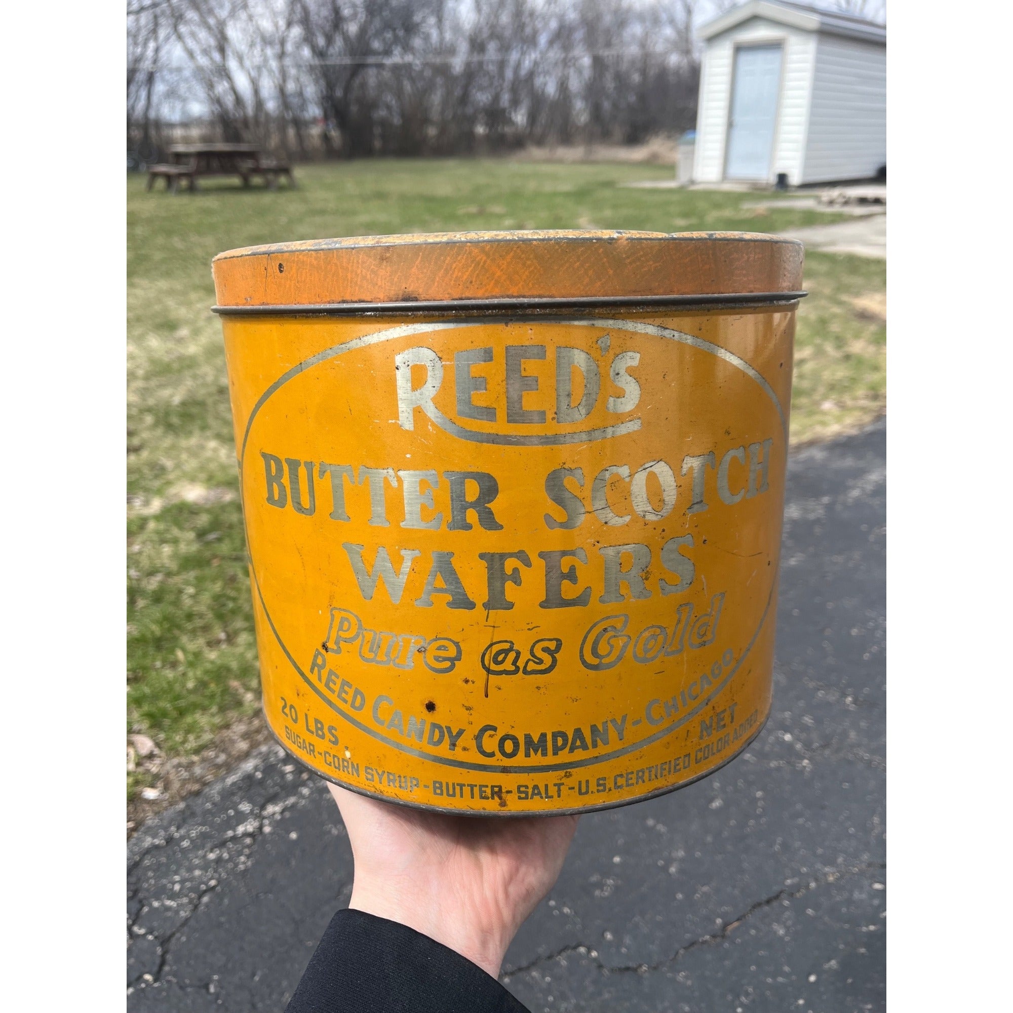 Vintage Reeds Butterscotch Wafer Tin Can Advertising 10" Kitchen Farmhouse Decor