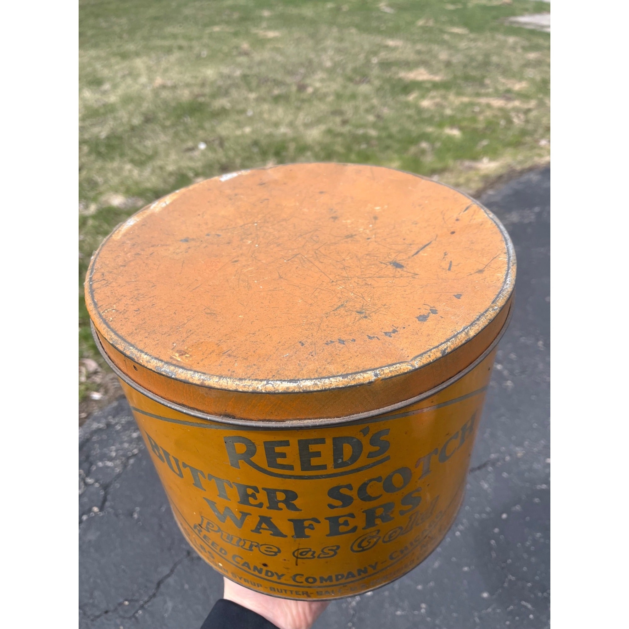 Vintage Reeds Butterscotch Wafer Tin Can Advertising 10" Kitchen Farmhouse Decor