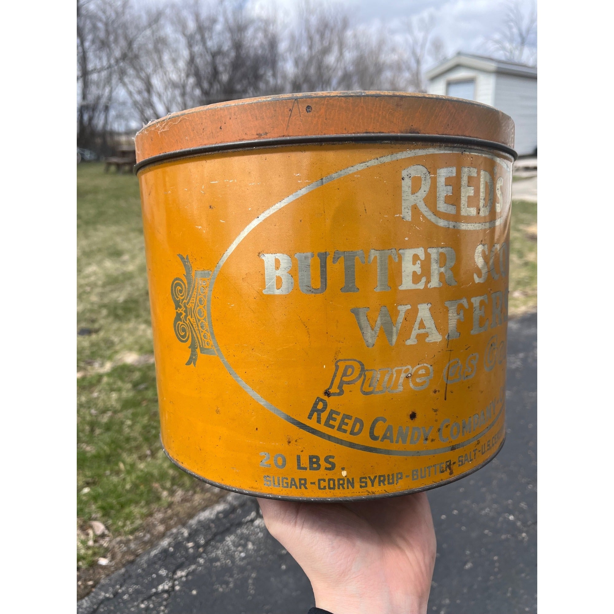 Vintage Reeds Butterscotch Wafer Tin Can Advertising 10" Kitchen Farmhouse Decor