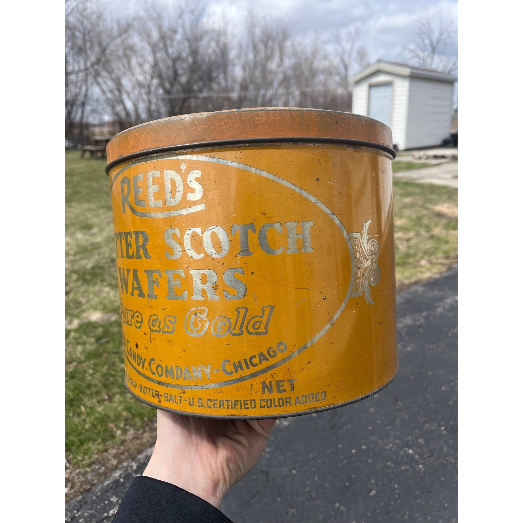 Vintage Reeds Butterscotch Wafer Tin Can Advertising 10" Kitchen Farmhouse Decor