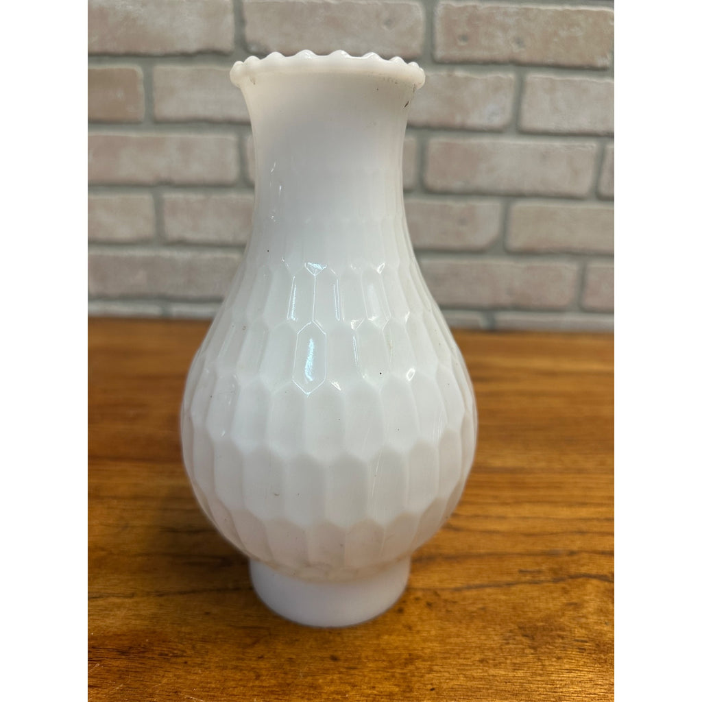 Vintage 8.5” White Fluted Milk Glass Beaded Hurricane Chimney Oil Lamp Shade