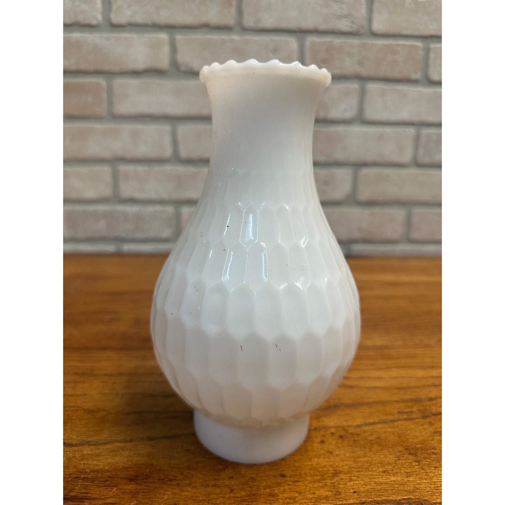 Vintage 8.5” White Fluted Milk Glass Beaded Hurricane Chimney Oil Lamp Shade
