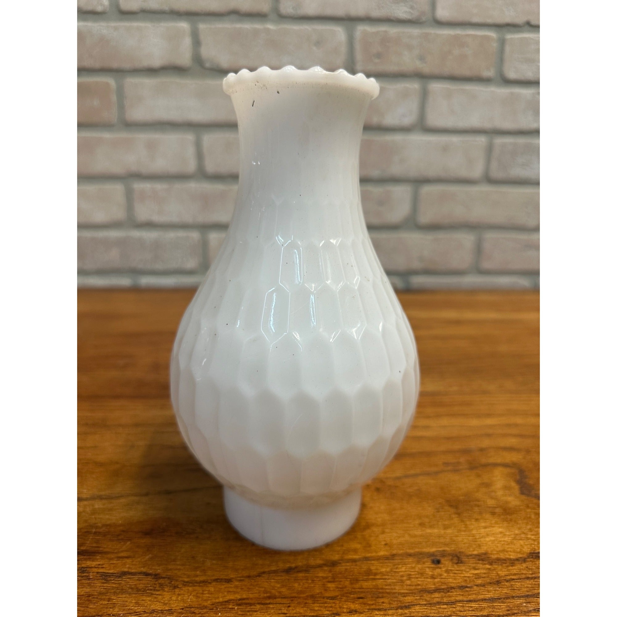 Vintage 8.5” White Fluted Milk Glass Beaded Hurricane Chimney Oil Lamp Shade
