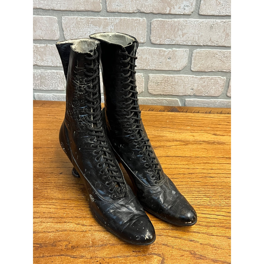 Antique 19th c. Victorian Black Leather Lace-Up Boots Edwardian 1890s Tall 10.5"