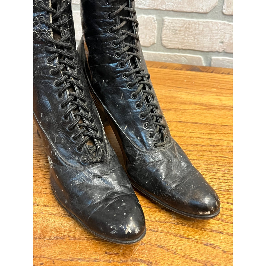Antique 19th c. Victorian Black Leather Lace-Up Boots Edwardian 1890s Tall 10.5"