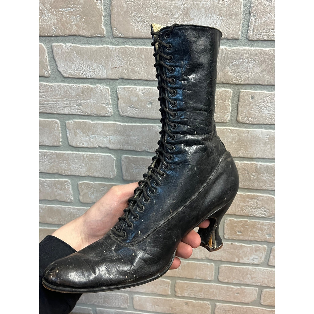 Antique 19th c. Victorian Black Leather Lace-Up Boots Edwardian 1890s Tall 10.5"