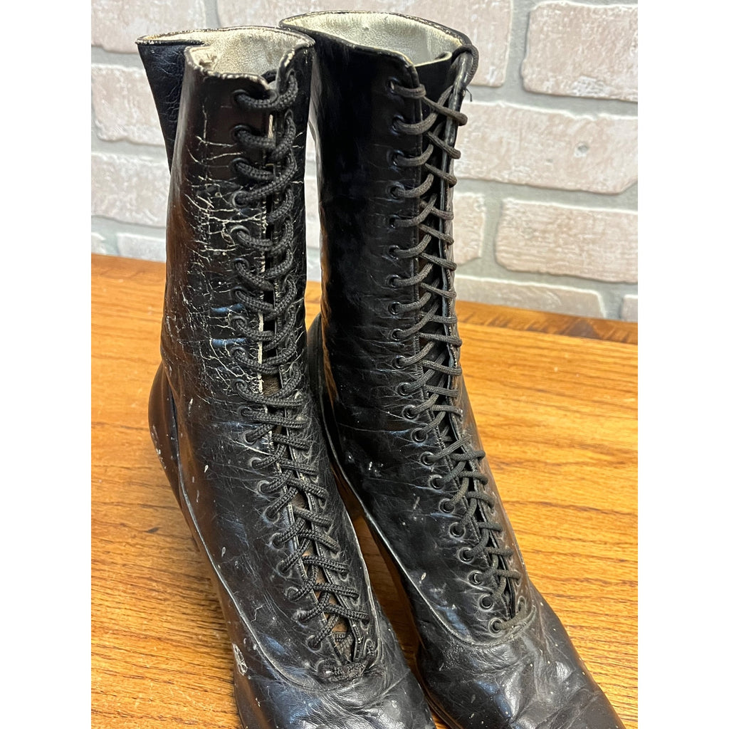 Antique 19th c. Victorian Black Leather Lace-Up Boots Edwardian 1890s Tall 10.5"
